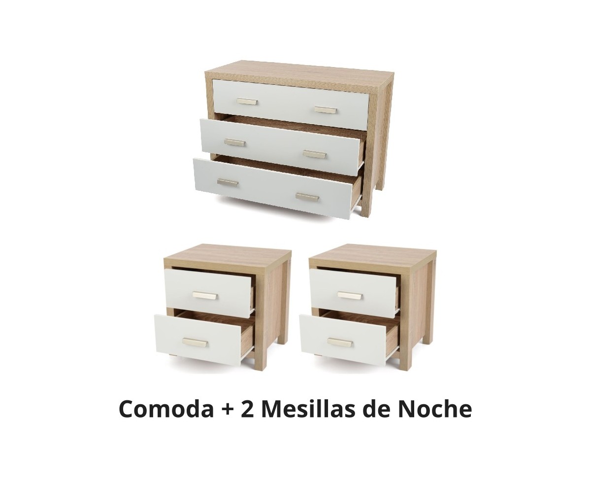 Conjunto de Comoda + 2 Mesillas de Noche - Pack de 3 Piezas