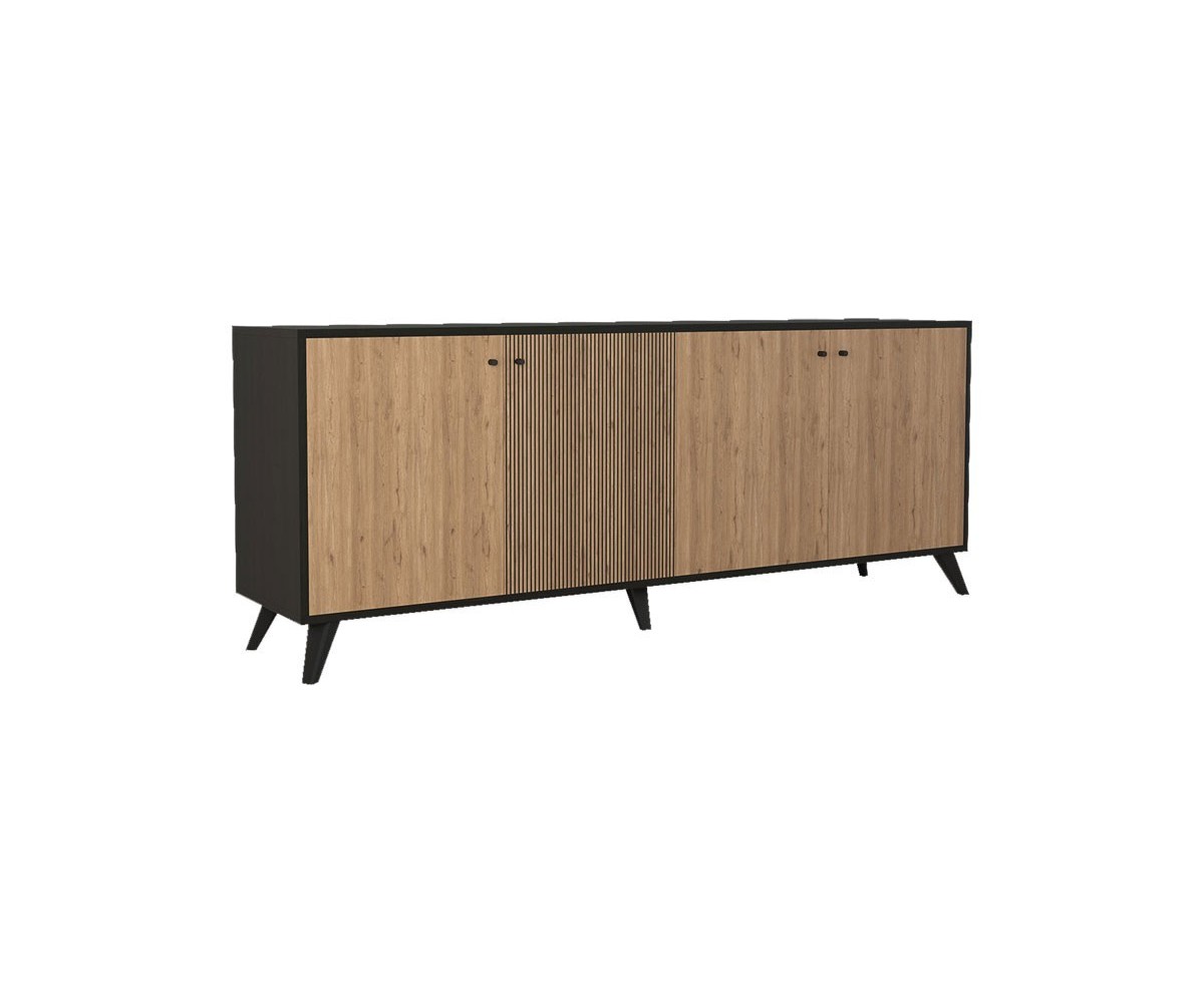 Buffet con 4 Puertas y Patas de Madera en Melamina Roble y Negro, 180x40x78,6 cm