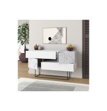 Buffet Moderno con Acabado en Mármol Gris y Blanco, 145x40x82 cm, Patas Metálicas