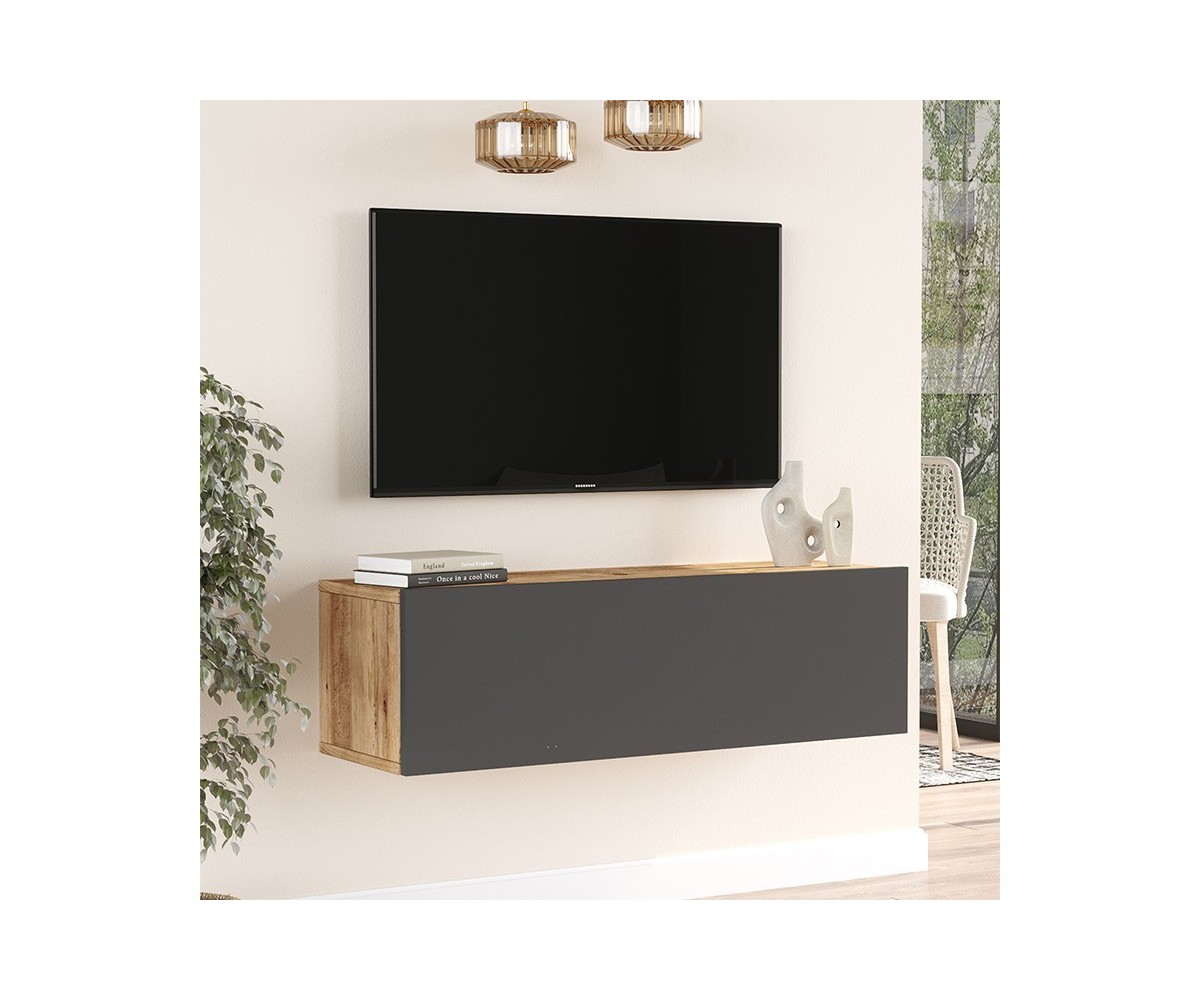 Mueble TV Moderno con Puerta en Melamina Color Antracita y Cambria 100x31.5x29.6cm - Diseño Elegante para Salón.