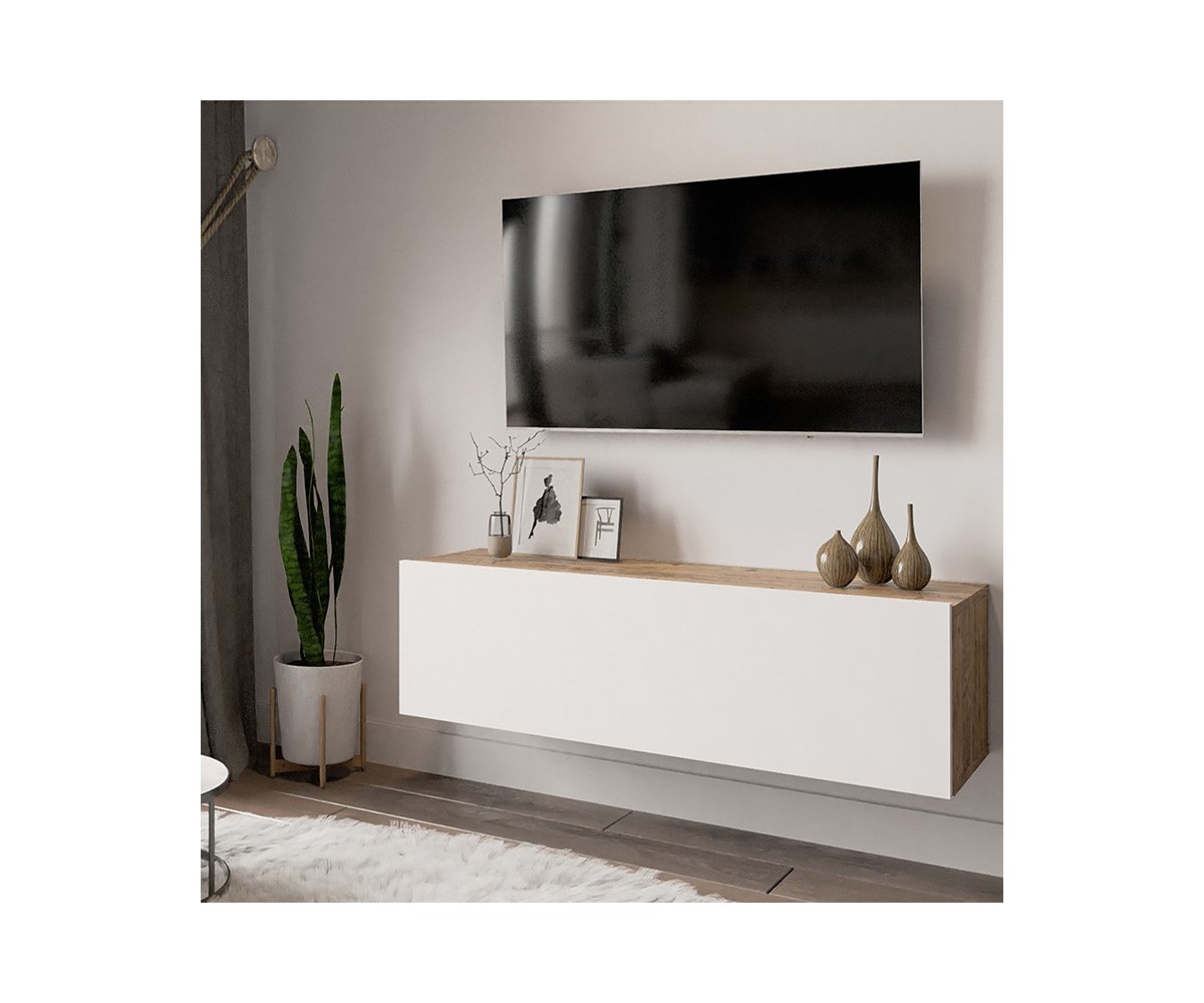 Mueble TV Moderno con Puerta en Melamina Color Blanco y Cambria 100x31.5x29.6cm - Diseño Elegante para Salón.