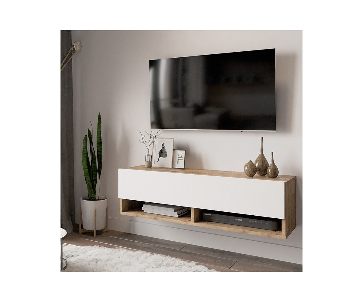 Mueble TV Moderno con 1 Puerta y Estantes en Melamina Color Cambria y Blanco - 100x31.5x29.6cm