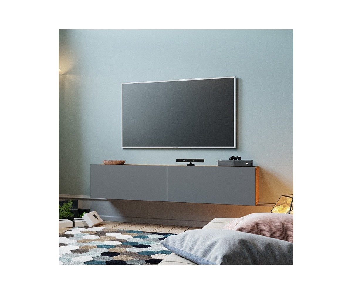 Mueble TV para Pared Color Antracita-Roble 140x31.5x29.5 cm - 2 Puertas Estilo Moderno.