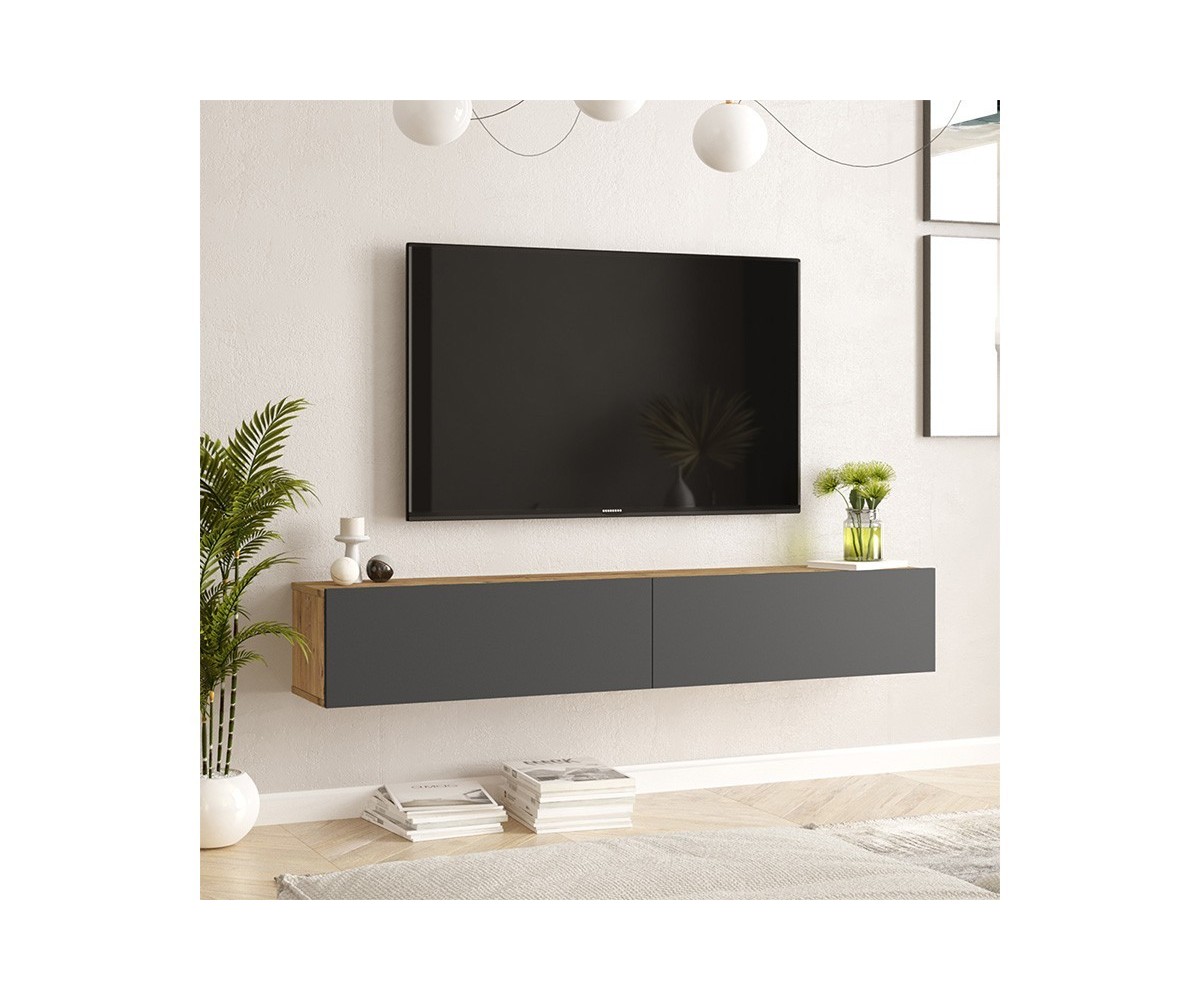 Mueble de TV de Pared moderno Antracita y Roble con 2 Cajones - 180x31.6x29.6 cm.