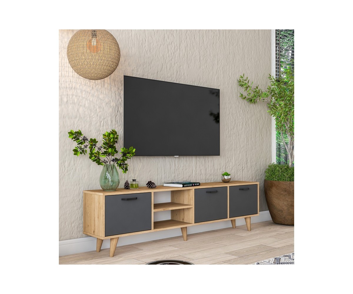 Mueble TV Antracita Nogal Melamina Natural - Patas Madera - 180x29.7x48.6 cm - 3 Cajones y Estantes.