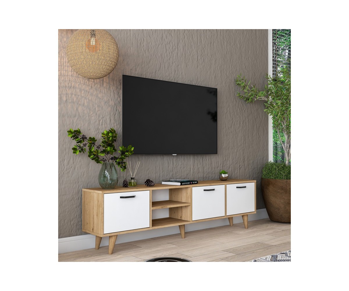 Mueble TV Color Blanco Nogal Melamina Natural - Patas Madera - 180x29.7x48.6 cm - 3 Cajones y Estantes.