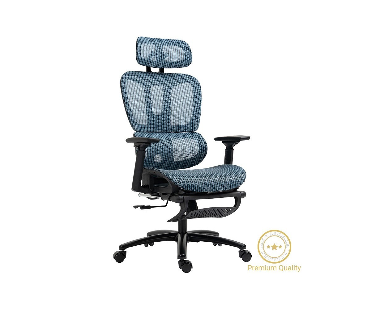 Silla de Oficina Manager con Reposapiés - Premium Quality Mesh - Negro y Azul - 124/116 x 67 x 62 cm.