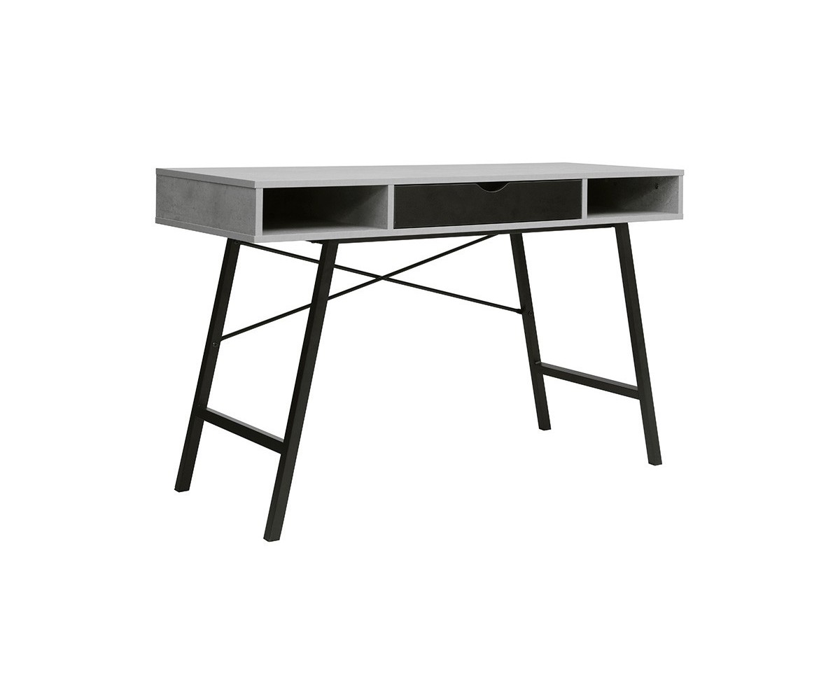 Mesa de Estudio y Trabajo con Cajones, Gris Cemento y Negro, 120x48x76cm, Patas Metálicas - Moderna y Duradera