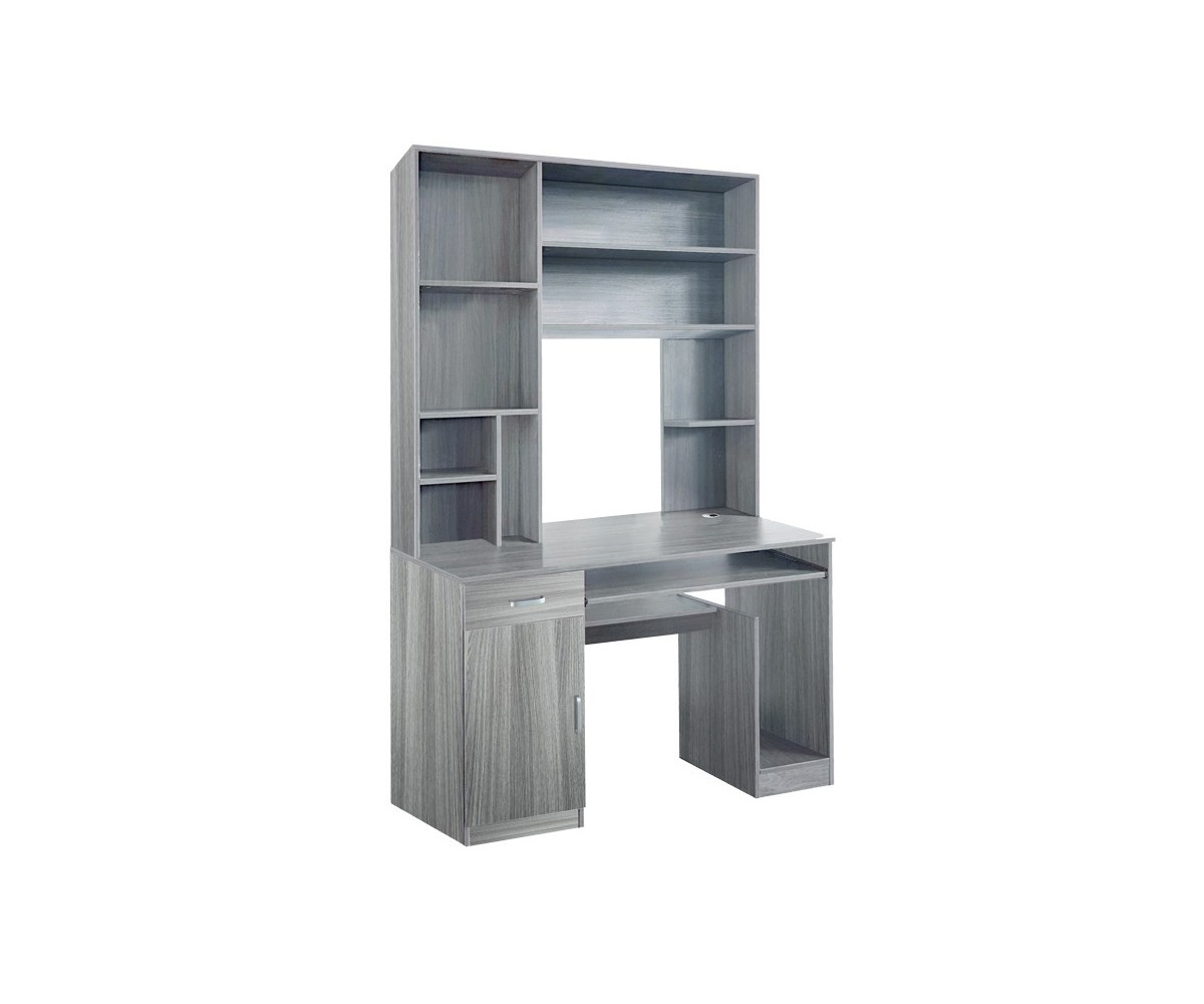 Escritorio-Librería Gris Roble con Múltiples Estantes y 2 Cajones, 120x55x182 cm, Mueble Multifuncional para Oficina o Estudio