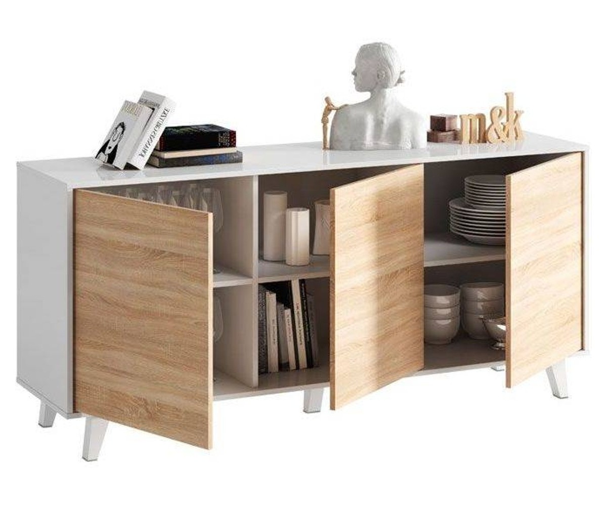 Aparador, Buffet, Salón Comedor 3 Puertas, Armario Auxiliar Color Blanco y Roble, Medidas: 138 cm x 70 x 39,5