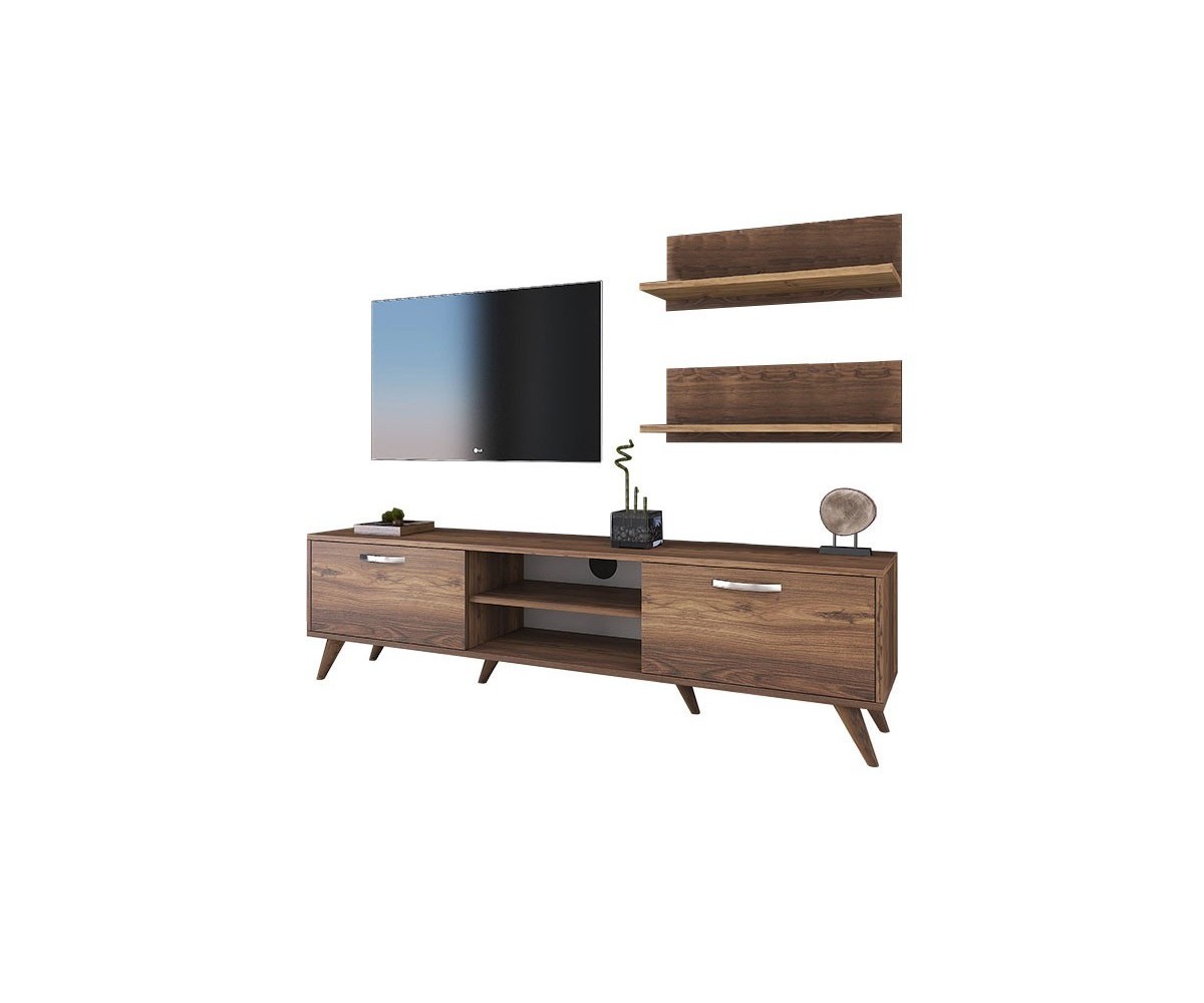 Mueble TV Completo en Melamina Color Nogal, 180x35x48.5 cm, con 2 Estantes