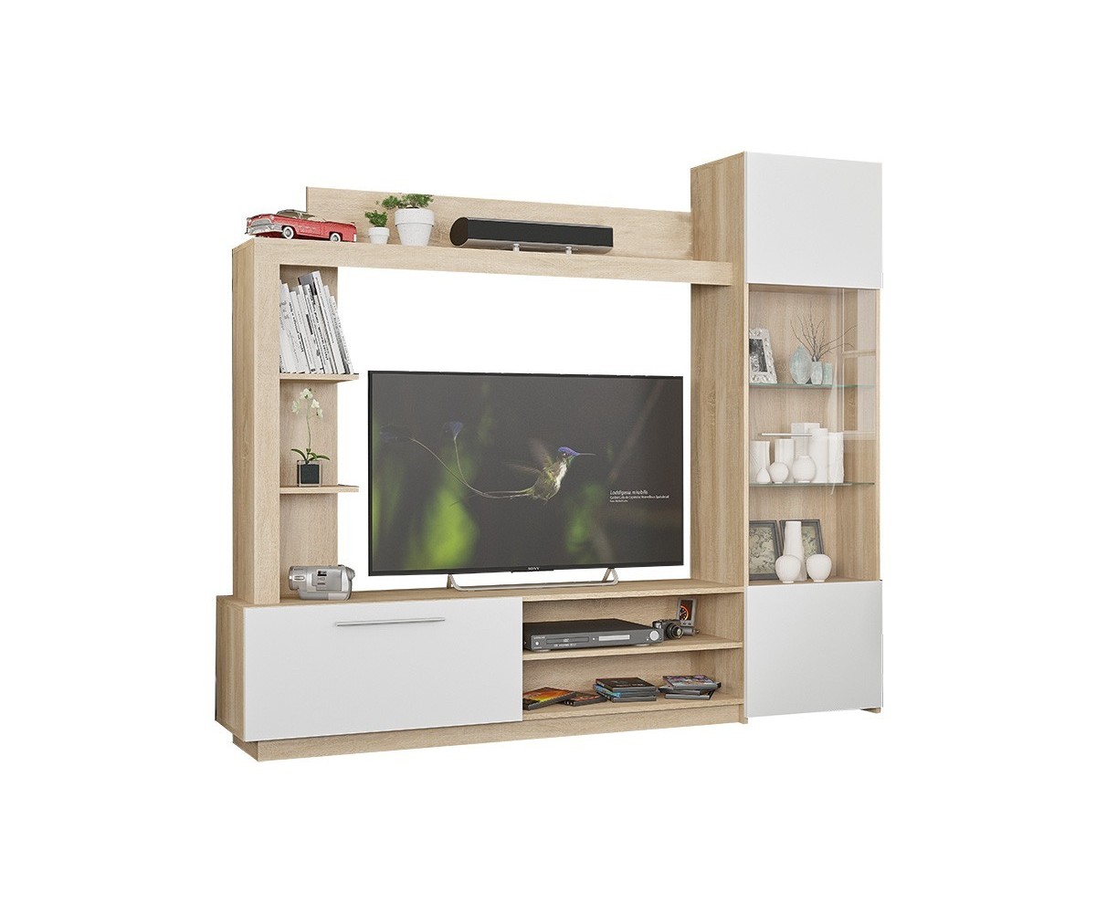 Mueble de Salón para TV Completo en Color Cambria y Blanco, 204x35x177 cm, con Estantes y Almacenamiento - Diseño Moderno