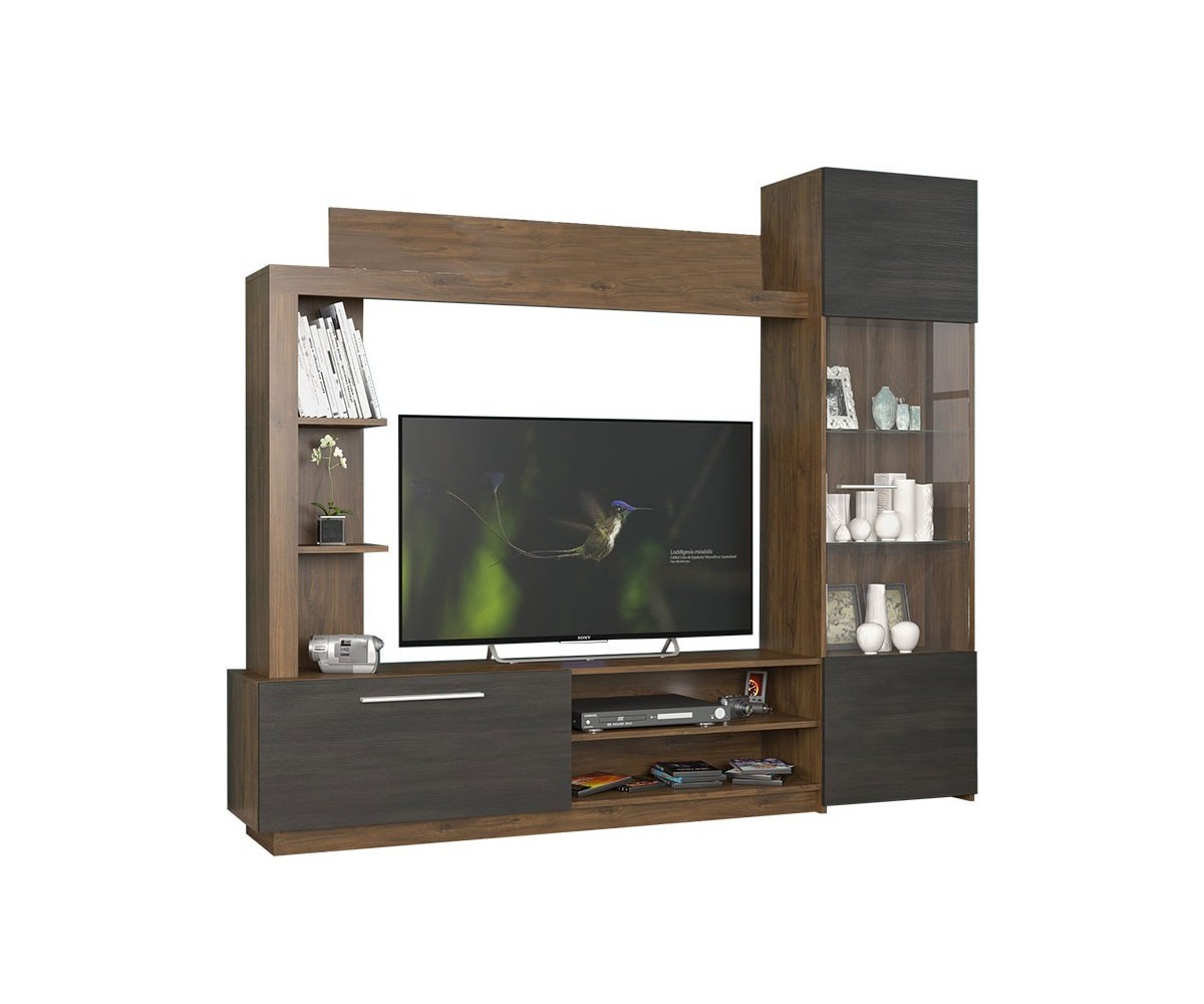 Mueble de Salón para TV Completo en Color Nogal y Wengüe, 204x35x177 cm, con Estantes y Almacenamiento - Diseño Moderno